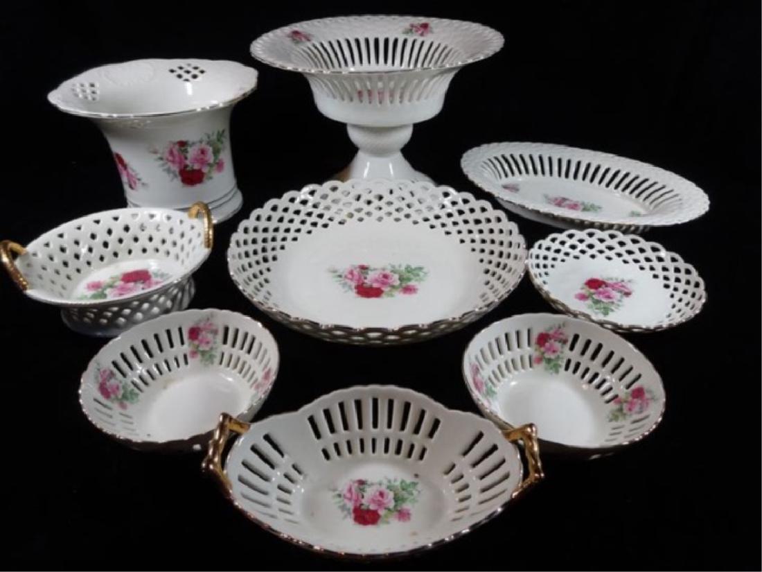 9 PC PORCELAIN SERVEWARE BY BAUM BROS. RETICULATED: 9 PC PORCELAIN SERVEWARE BY BAUM BROS. RETICULATED EDGES, FLORAL DESIGNS, VERY GOOD CONDITION, MARKED, SKU454.09