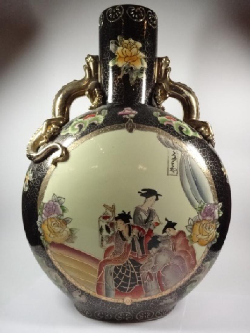 HUGE CERAMIC MOON FLASK VASE, FIGURAL SCENE WITH PALE: HUGE CERAMIC MOON FLASK VASE, FIGURAL SCENE WITH PALE GREEN BACKGROUND, BLACK BORDER, DRAGON HANDLES, APPROX 18"H