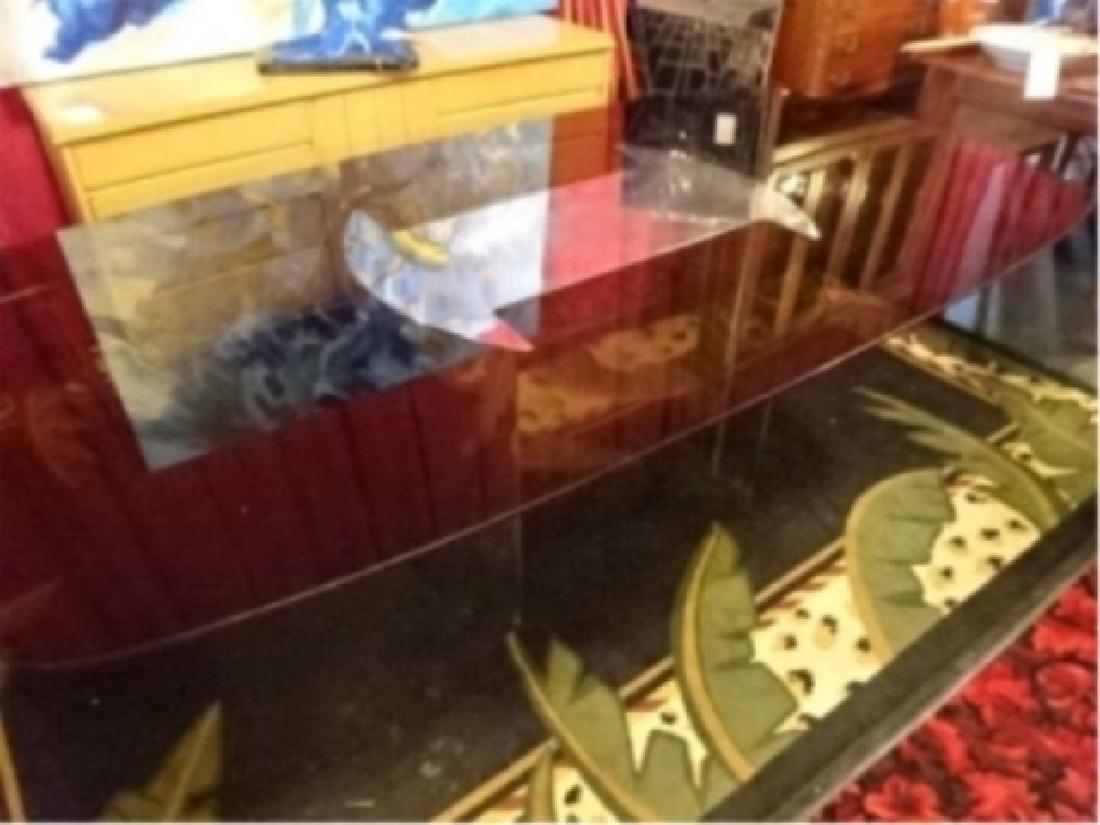 1970's MID CENTURY STEEL DINING TABLE, ATTRIBUTED TO: 1970's MID CENTURY STEEL DINING TABLE, ATTRIBUTED TO PACE COLLECTION, SMOKE GLASS TOP WITH FORMED STEEL INSET THAT FITS INTO BASE, 94"W X 49"D X 28.5"H, SKU3367.02