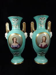 PAIR HANDPAINTED PORCELAIN VASES, PORTRAITS OF TWO