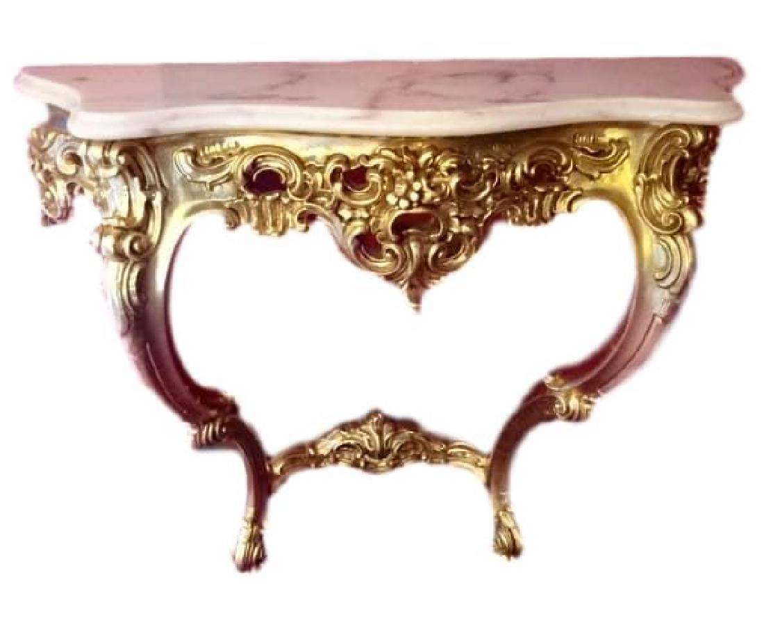 ROCOCO GILT WOOD CONSOLE TABLE WITH BEVELED WHITE: ROCOCO GILT WOOD CONSOLE TABLE WITH BEVELED WHITE MARBLE TOP, WALL MOUNT, VERY GOOD CONDITION, APPROX 3'W X 20"D X 30"H P95