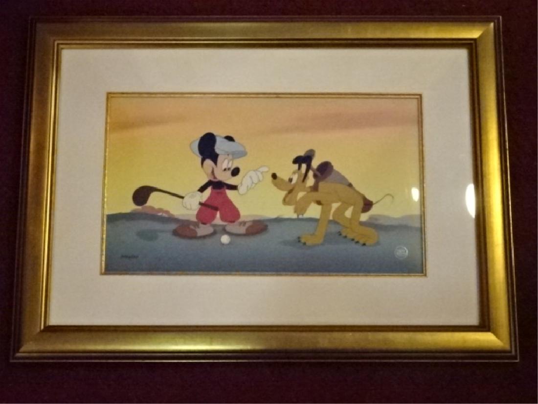 WALT DISNEY HAND PAINTED CEL SET UP, MICKEY MOUSE AND: WALT DISNEY HAND PAINTED CEL SET UP, MICKEY MOUSE AND PLUTO PLAYING GOLF, "CANINE CADDY", WITH CERTIFICATE OF AUTHENTICITY, VERY GOOD CONDITION, FRAMED SIZE 26" X 18", SKU9470.08 P40