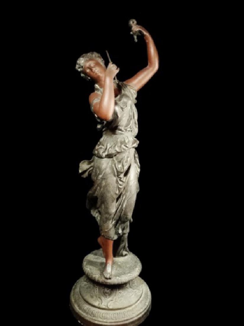 ANTIQUE SPELTER PATINATED SCULPTURE, YOUNG MAIDEN: ANTIQUE SPELTER PATINATED SCULPTURE, YOUNG MAIDEN DRESSED IN CLASSICAL REVIVAL STYLE, VERY GOOD CONDITION, SOME LOSS OF PAINTED FINISH, APPROX 22.5"H