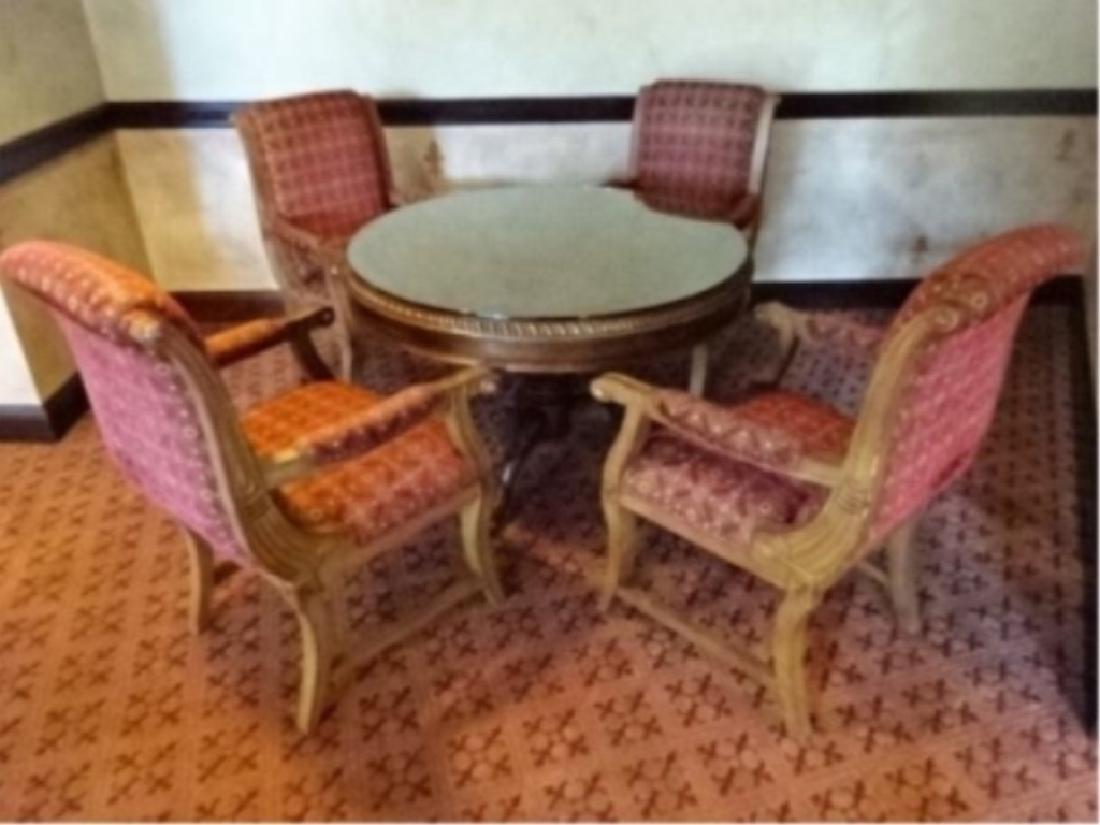 5 PC DINING OR GAME TABLE SET, ROUND GILT WOOD DINING: 5 PC DINING OR GAME TABLE SET, ROUND GILT WOOD DINING TABLE WITH DARK FINISH, 4 REGENCY STYLE ARMCHAIRS WITH MEDIUM FINISH AND RED UPHOLSTERY, #3 OF FIVE IDENTICAL SETS AVAILABLE THIS AUCTION SOLD SEP