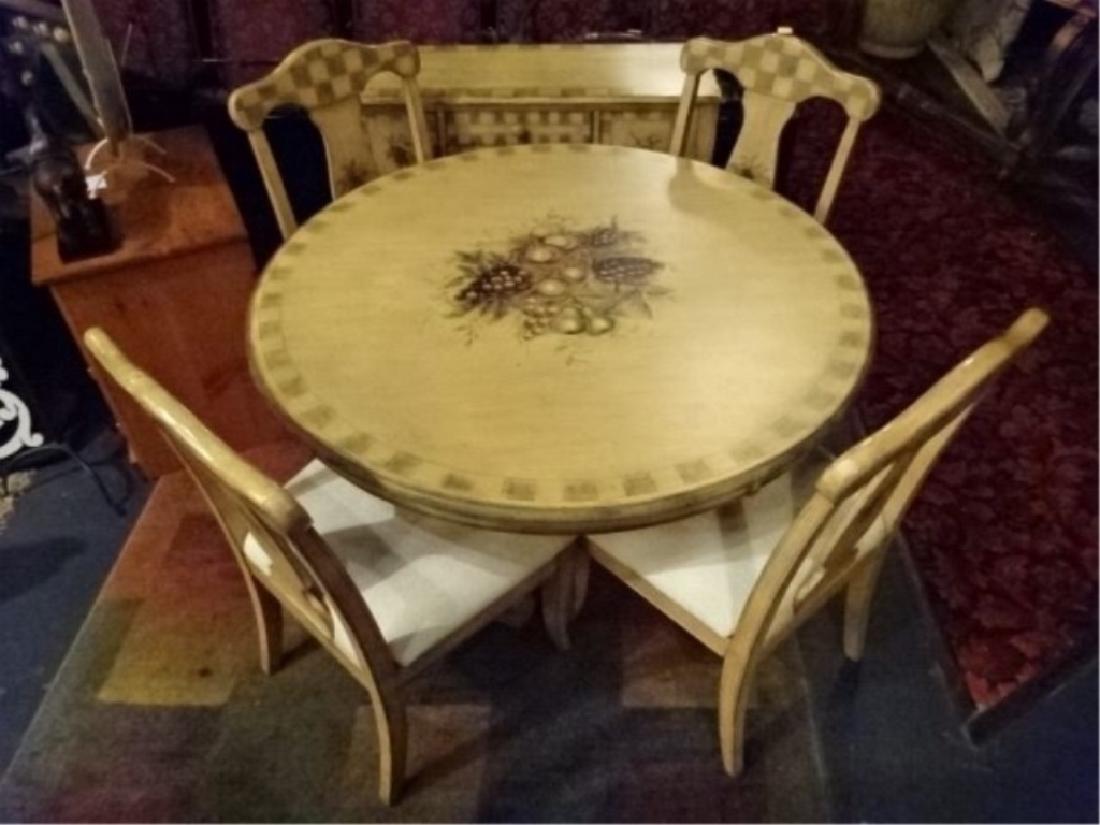 5 PC HAND PAINTED WOOD DINING SET BY PULASKI, ROUND: 5 PC HAND PAINTED WOOD DINING SET BY PULASKI, ROUND PEDESTAL TABLE WITH 4 CHAIRS, PAINTED FRUIT AND CHECKERBOARD DESIGN, MATCHING BUFFET SOLD SEPARATELY THIS AUCTION, VERY GOOD CONDITION WITH SOME MIN