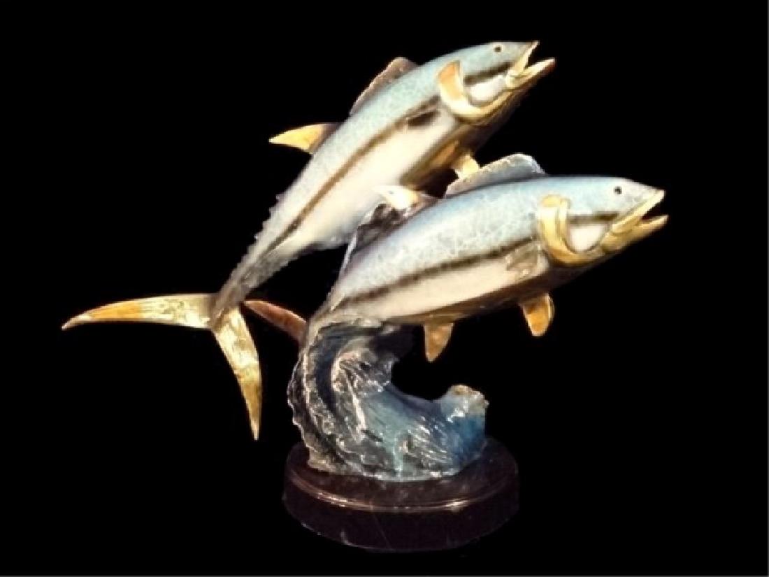 LARGE BRONZE SCULPTURE, 2 TUNA ON MARBLE BASE, GILT AND (1 of 7)