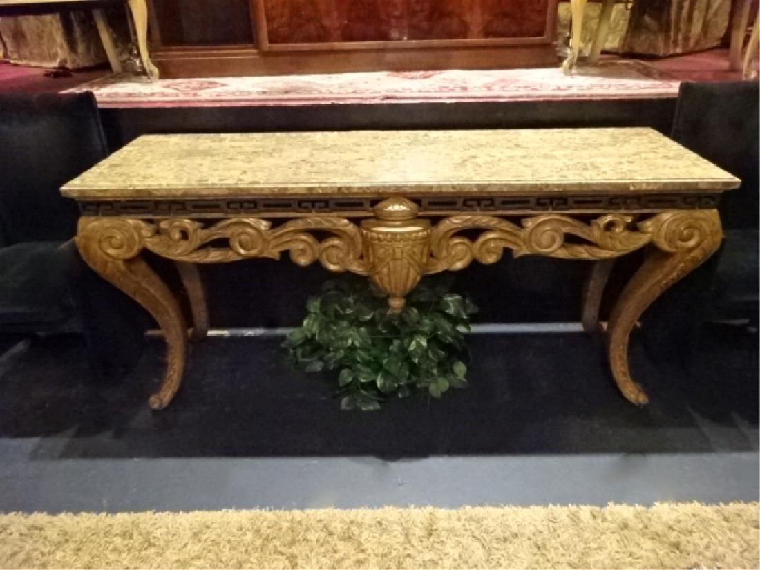NEOCLASSICAL WOOD CONSOLE TABLE, TESSELATED MARBLE TOP, (1 of 7)