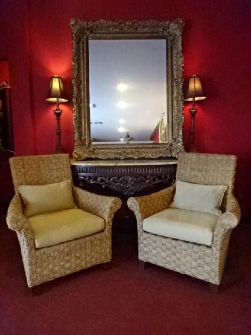 PAIR CRATE AND BARREL WOVEN RATTAN ARMCHAIRS, LIGHT OFF (1 of 8)