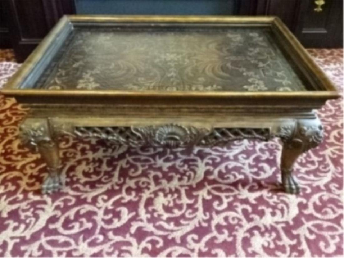 GEORGIAN STYLE WOOD COFFEE TABLE, RECTANGULAR TOP WITH: GEORGIAN STYLE WOOD COFFEE TABLE, RECTANGULAR TOP WITH PAINTED FOLIATE DESIGNS, CRAQUELURE FINISH ON TABLE TOP, VERY GOOD CONDITION, APPROX 5'W X 3'D, SKU420