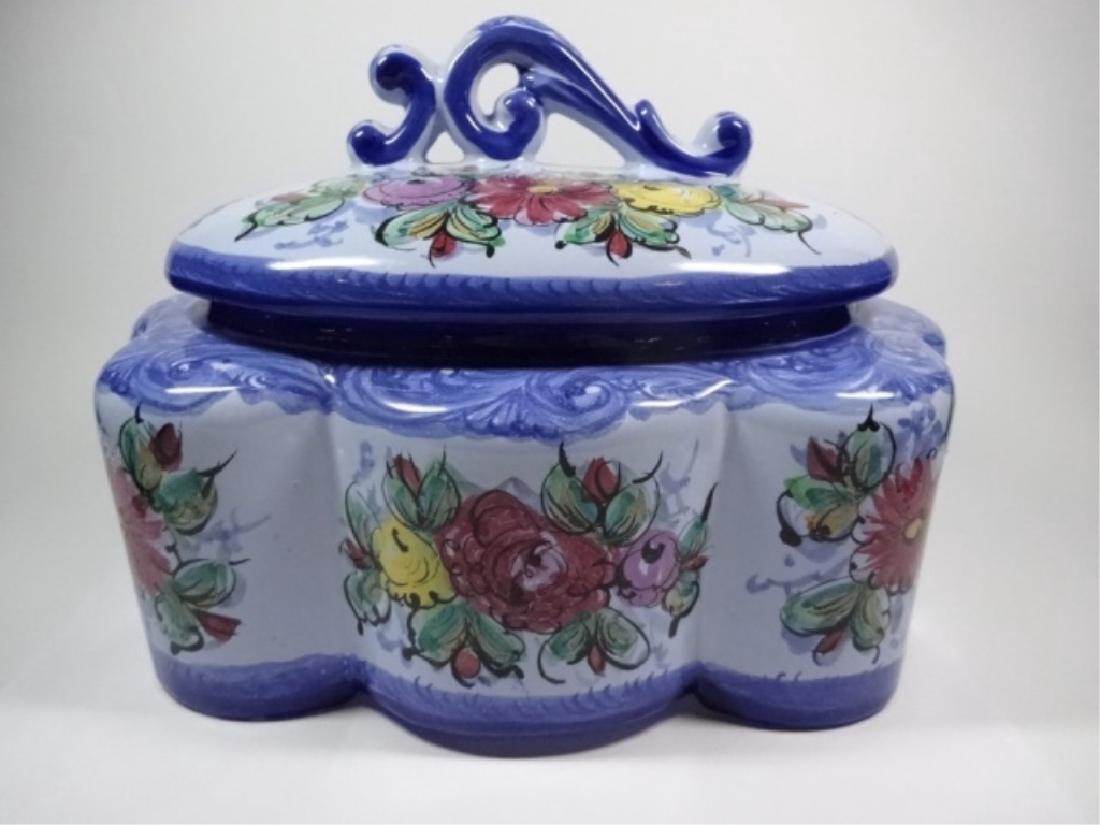 VESTAL ANCOBACA PORCELAIN BOX WITH LID, FLORAL DESIGN: VESTAL ANCOBACA PORCELAIN BOX WITH LID, FLORAL DESIGN WITH PALE BLUE BACKGROUND, HAND PAINTED, MADE IN PORTUGAL, SMALL CHIP TO BASE, APPROX 7.5" X 7.5" X 10"