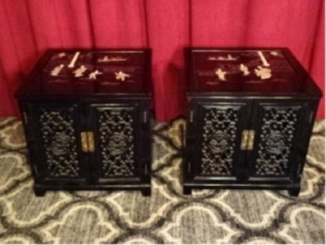 PAIR CHINESE BLACK LACQUER TABLES, CARVED STONE (1 of 10)