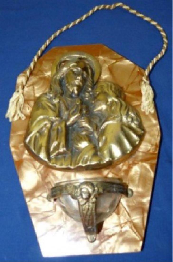 BENITIER (HOLY WATER FONT) FROM BELGIUM, EARLY 20TH: BENITIER (HOLY WATER FONT) FROM BELGIUM, EARLY 20TH CENTURY, WITH BRONZE SCULPTURE OF JESUS CHRIST HOLDING UP A CHALICE TO A YOUNG GIRL, FROM BRUSSELS, BELGIUM, APPROX 10.25" X 6.5"