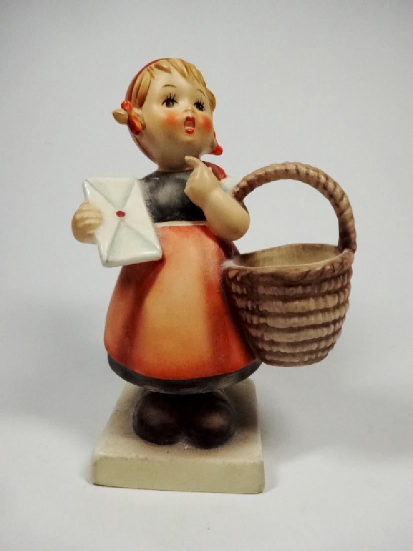 GOEBEL HUMMEL PORCELAIN FIGURINE, "MEDITATION GIRL",: GOEBEL HUMMEL PORCELAIN FIGURINE, "MEDITATION GIRL", LITTLE GIRL WITH ENVELOPE AND BASKET, APPROX 5 1/8"H