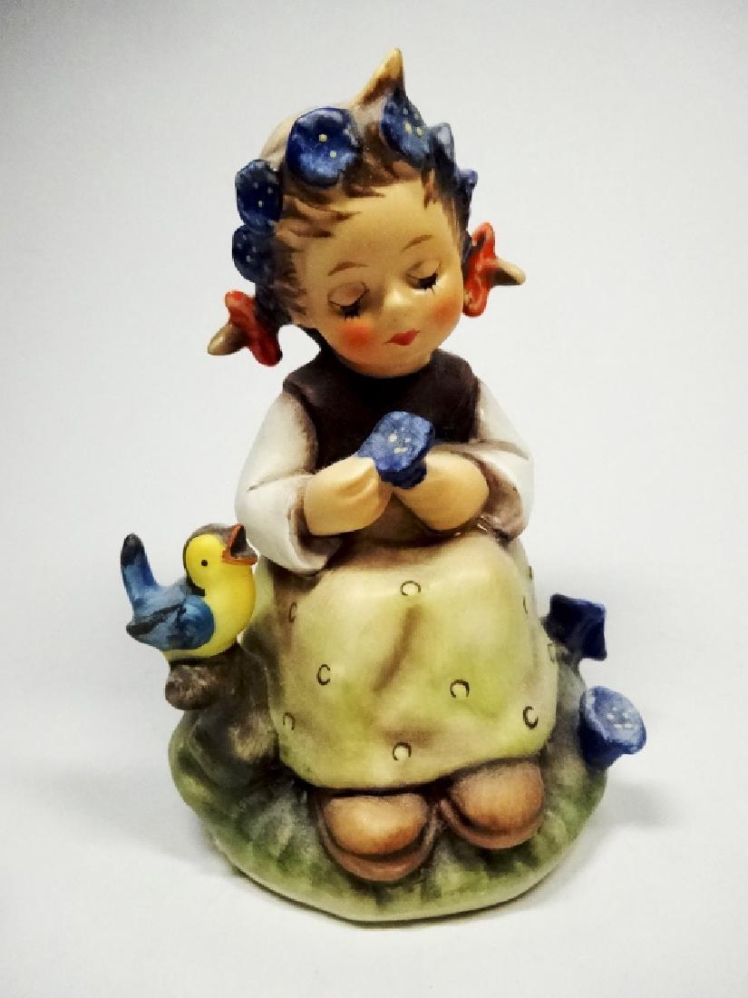 GOEBEL HUMMEL PORCELAIN FIGURINE, "BOTANIST", GIRL WITH: GOEBEL HUMMEL PORCELAIN FIGURINE, "BOTANIST", GIRL WITH FLOWERS, WITH BLUEBIRD, APPROX 4.5"H