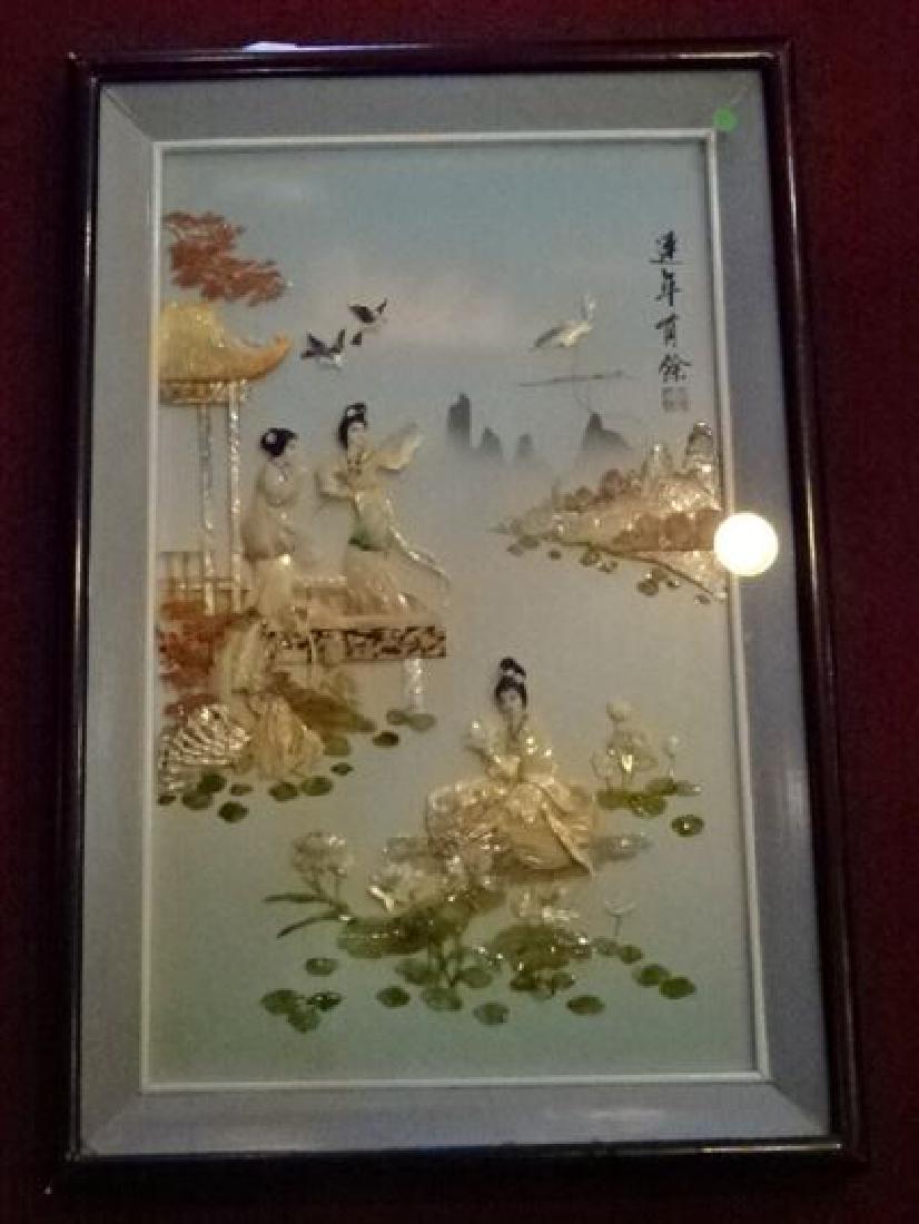 CHINESE SHADOW BOX FRAMED STONE SCULPTURE, 3 LADIES AND (1 of 7)