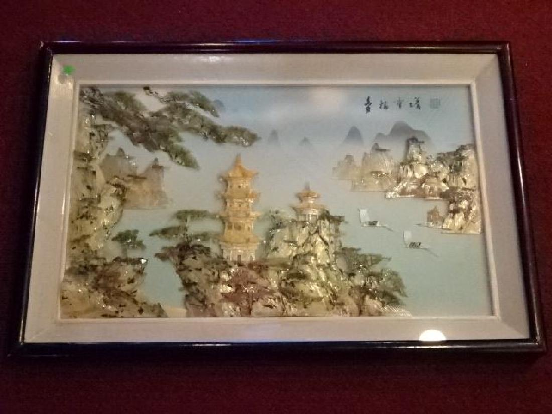 CHINESE SHADOW BOX FRAMED STONE SCULPTURE, SEASIDE (1 of 8)