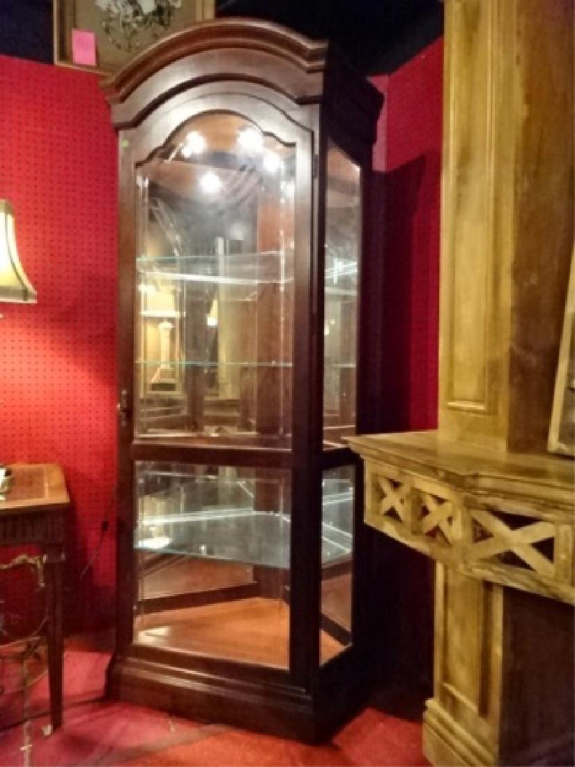 LIGHTED WOOD CORNER CABINET BY PULASKI, GLASS SHELVES, (1 of 5)