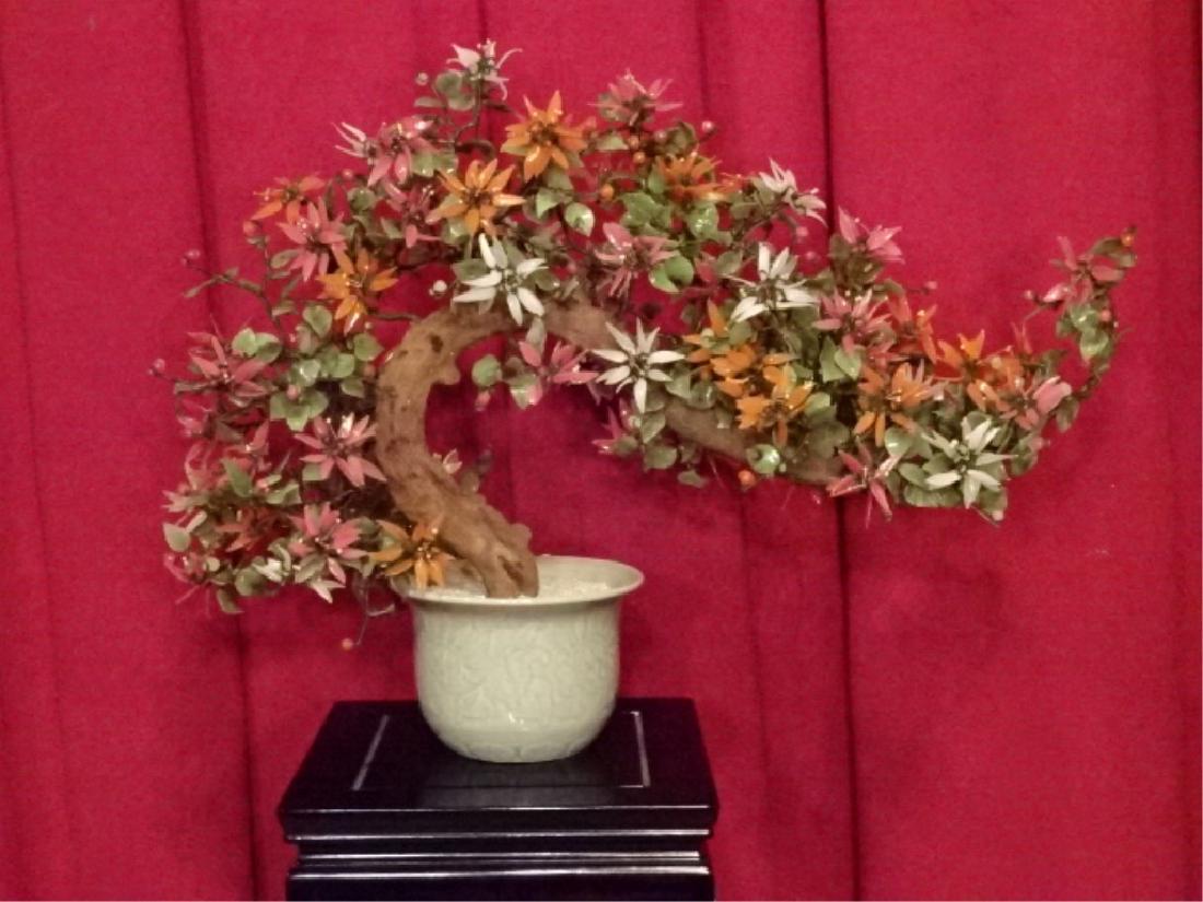 CHINESE CARVED STONE BONSAI TREE WITH PINK AND ORANGE (1 of 8)