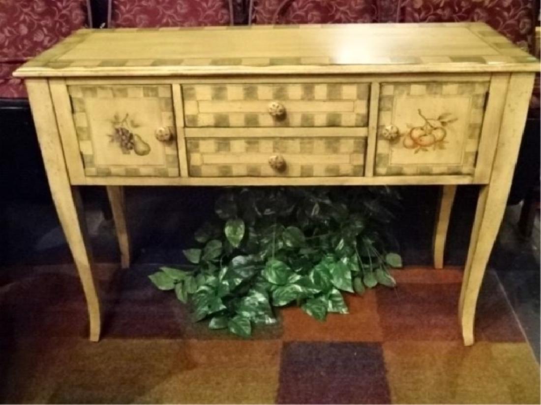 HAND PAINTED WOOD BUFFET / CONSOLE TABLE BY PULASKI,: HAND PAINTED WOOD BUFFET / CONSOLE TABLE BY PULASKI, PAINTED FRUIT AND CHECKERBOARD DESIGN, MATCHING 5 PC DINING SET SOLD SEPARATELY THIS AUCTION, VERY GOOD CONDITION, 44"W X 16"D X 31"H, SKU443.01 P6