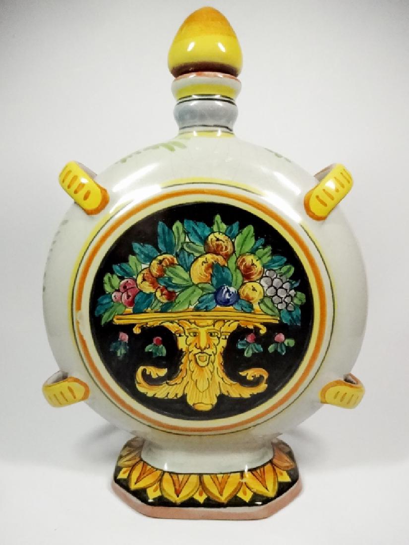 ITALIAN DERUTA POTTERY DECANTER, MARKED DERUTA AND: ITALIAN DERUTA POTTERY DECANTER, MARKED DERUTA AND HANDPAINTED IN ITALY, APPROX 10.25" X 7.25" X 3"