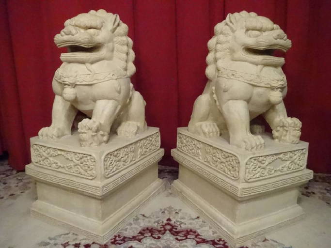 Pair Large Chinese Foo Dogs, Cast Stone Composition,