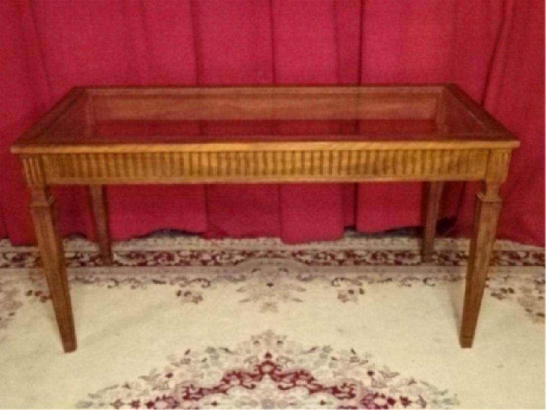 NEOCLASSICAL WOOD CONSOLE TABLE, GLASS INSET TOP, (1 of 4)