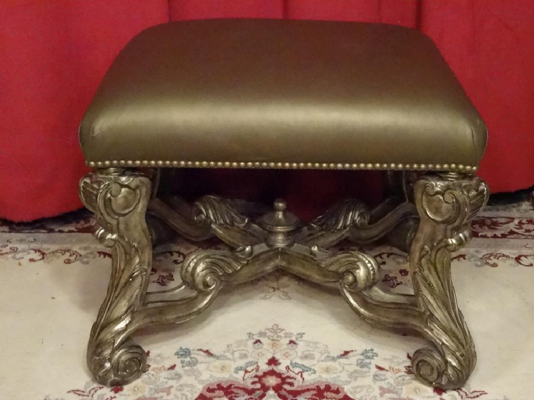 ROCOCO WOOD AND LEATHER OTTOMAN, TAUPE / BROWN LEATHER (1 of 7)