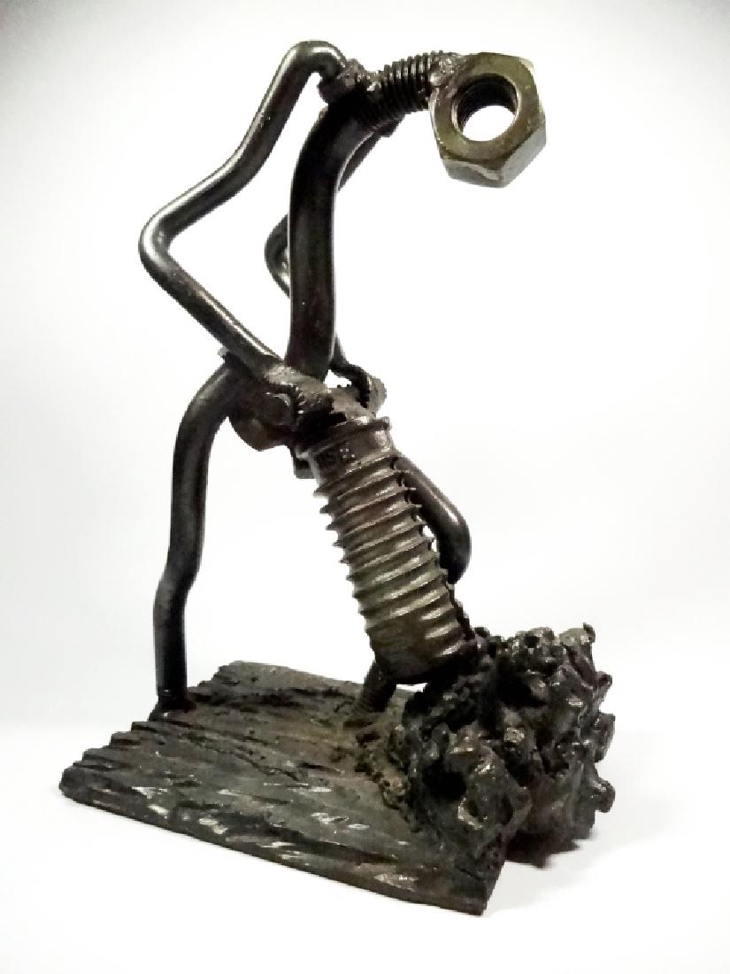 SIGNED METAL SCULPTURE, NUTS & BOLTS, JACKHAMMER MAN FI: SIGNED METAL SCULPTURE, NUTS & BOLTS, JACKHAMMER MAN FIGURE, APPROX 9.5' X 7" X 4.5"