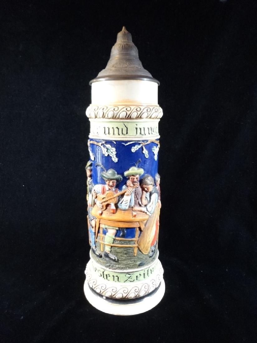GERMAN CERAMIC BEER STEIN, MAN WITH GUITAR AT A TABLE, (1 of 4)