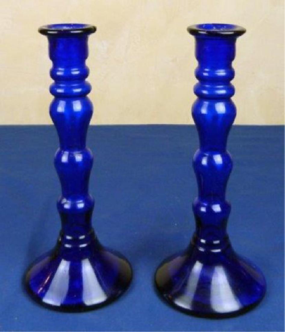 PAIR BLUE COBALT GLASS CANDLESTICKS, APPROX 9"H (1 of 2)