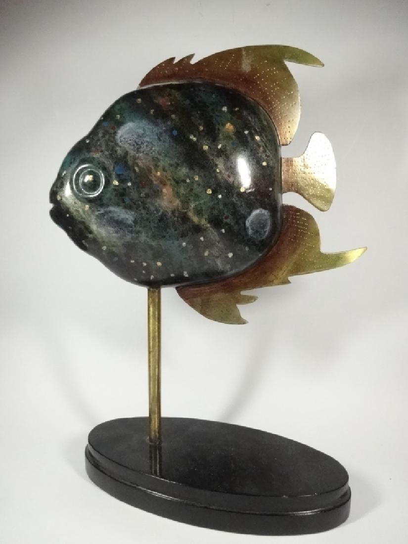 CERAMIC FISH SCULPTURE WITH METAL FINS, ON STAND, (1 of 3)