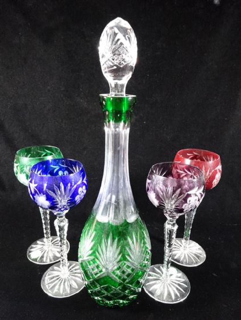 5 PC CRYSTAL DECANTER AND 4 GLASSES, COBALT, GREEN AND (1 of 5)