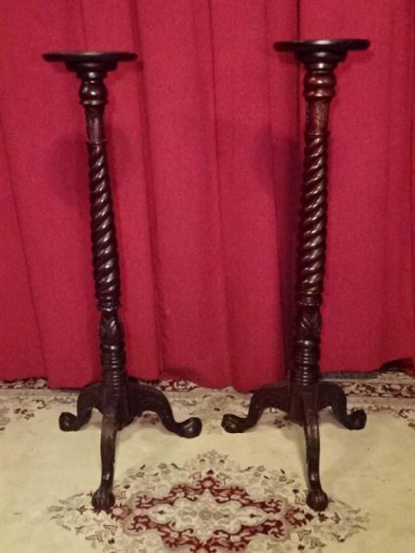 PAIR WOOD PLANT STANDS, SPIRAL TWIST COLUMNS WITH 3 (1 of 4)