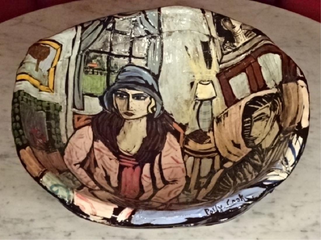 LARGE POLLY COOK HAND PAINTED CERAMIC BOWL, WOMAN AND (1 of 5)