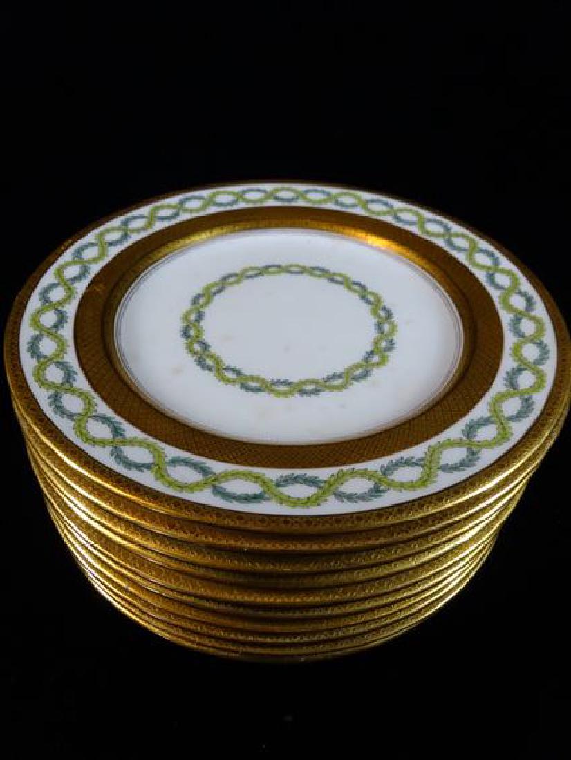 10 COALPORT PORCELAIN PLATES, WHITE AND GOLD WITH GREEN (1 of 4)
