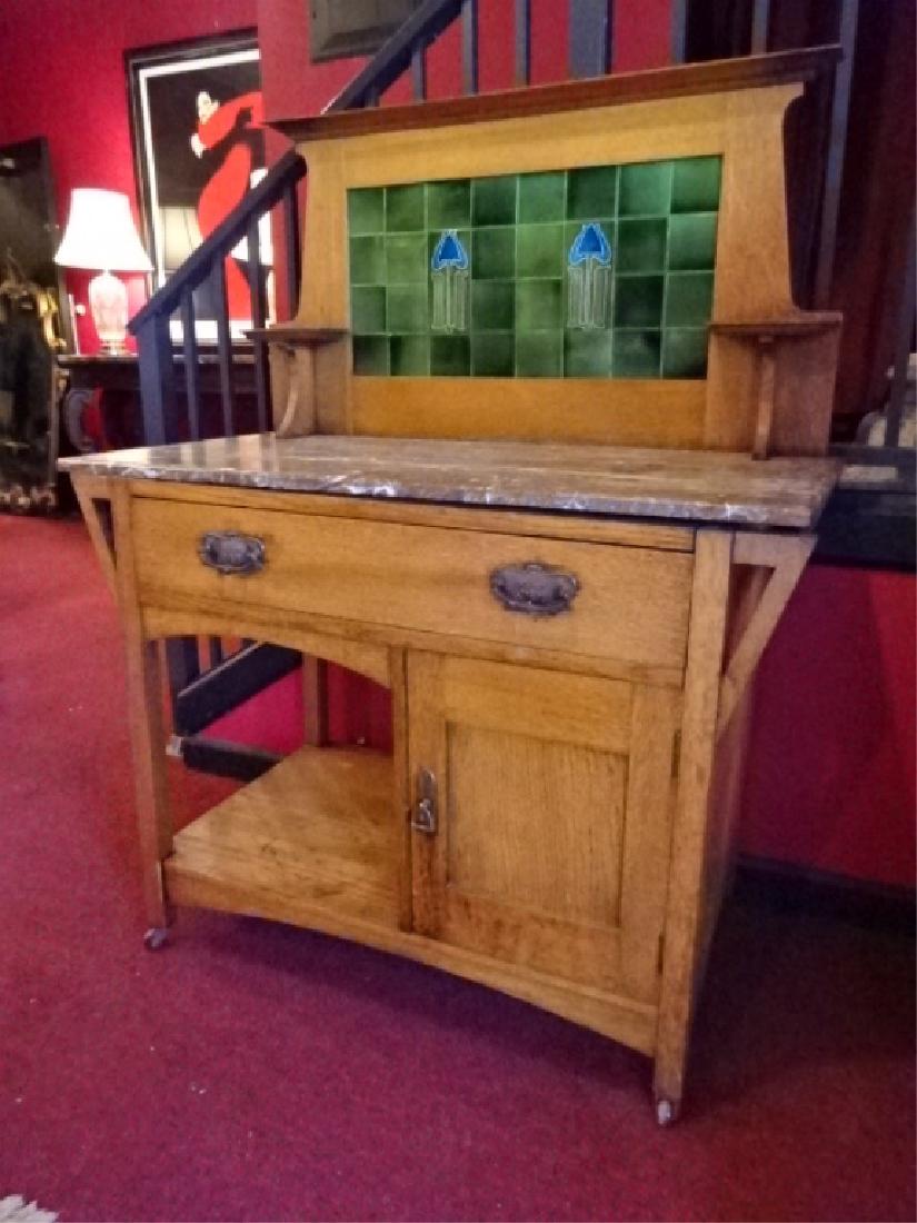ANTIQUE OAK BUFFET, STAINED GLASS HUTCH TOP, 2 DRAWERS,