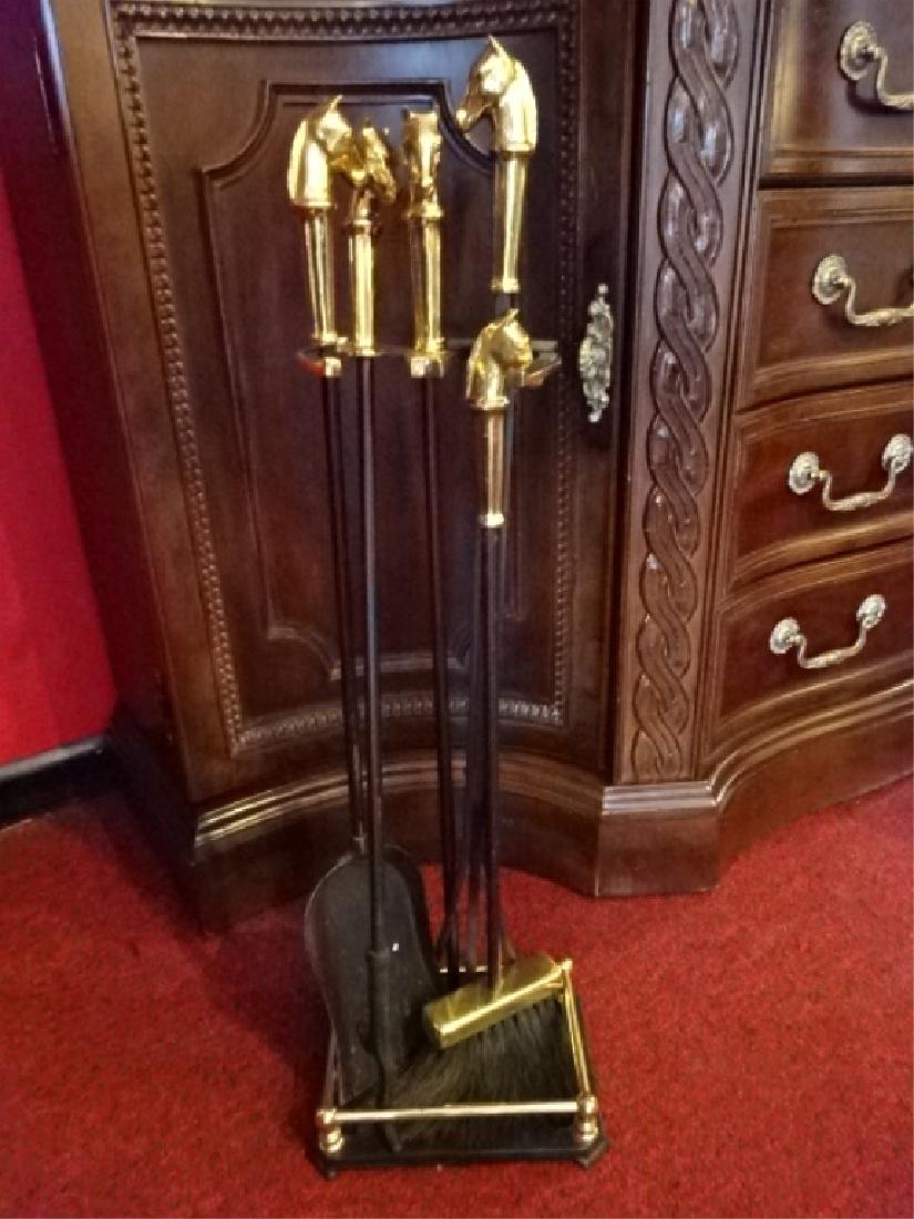5 PC BRASS FIREPLACE SET, HORSE HEAD HANDLES WITH (1 of 5)