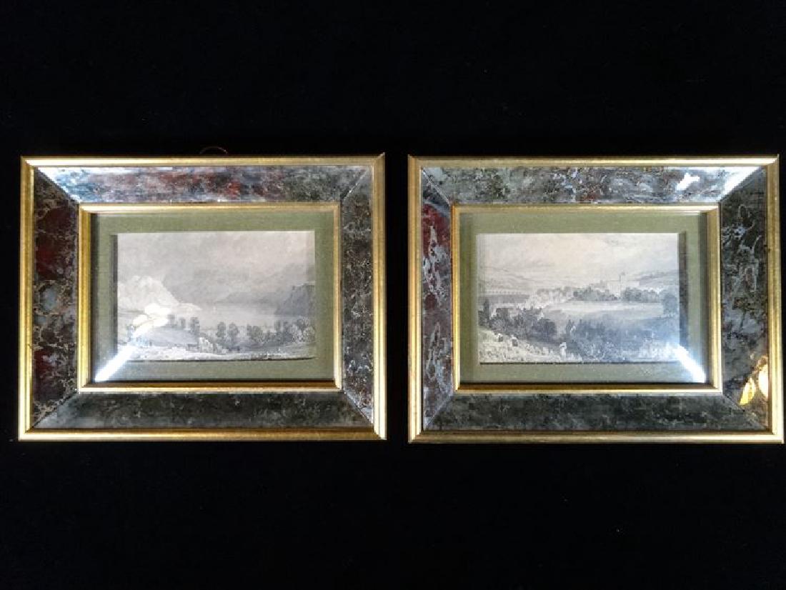 2 ANTIQUE ENGRAVINGS, LANDSCAPE SCENES IN ART GLASS (1 of 6)