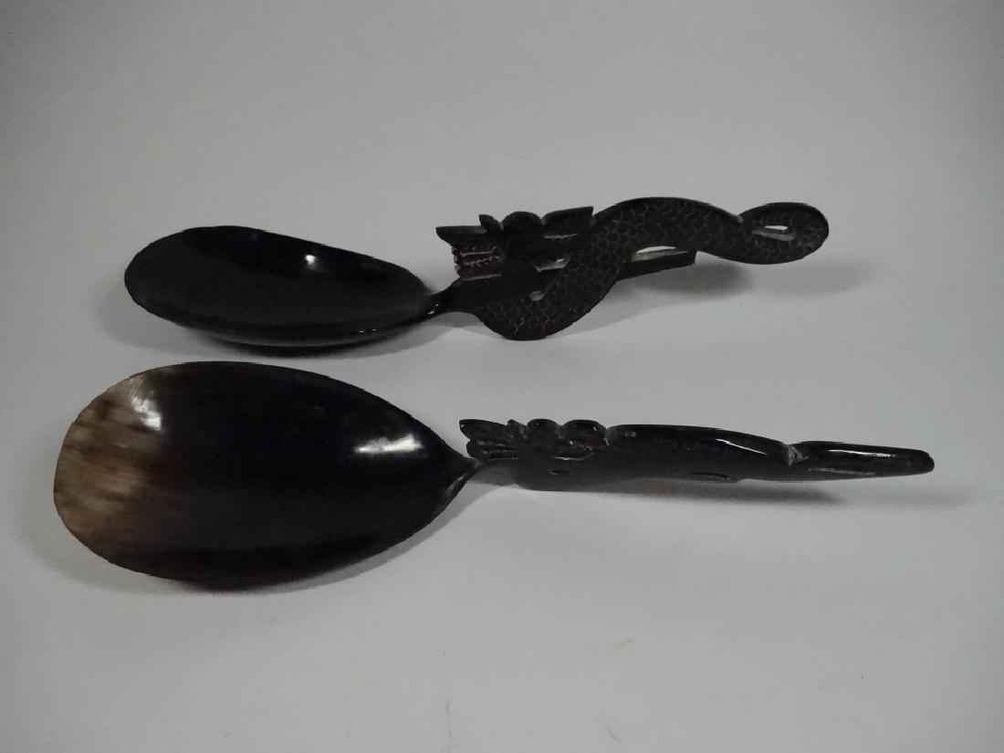LARGE CHINESE HORN SERVING SPOONS, CARVED DRAGON (1 of 4)