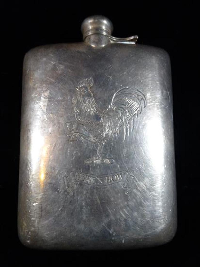 METAL LIQUOR FLASK WITH ETCHED ROOSTER DRINKING, (1 of 3)