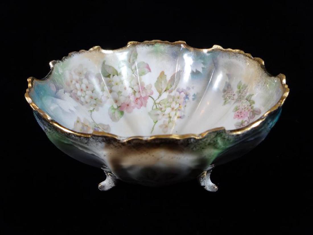 GERMAN PORCELAIN FOOTED BOWL, PAINTED FLORALS AND GILT: GERMAN PORCELAIN FOOTED BOWL, PAINTED FLORALS AND GILT RIM, MARKED MADE IN GERMANY, VERY GOOD CONDITION, 7" X 4", SKU512.11
