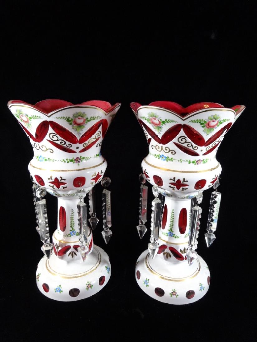 PAIR WHITE & RED CUT GLASS CANDLEHOLDERS, CRYSTAL (1 of 6)