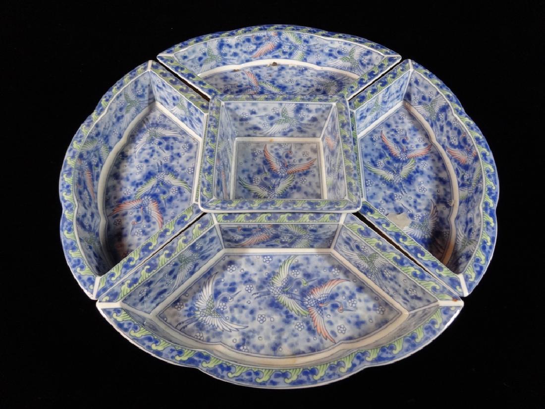 5 PC ASIAN PORCELAIN CRUDITE SERVEWARE, CRANE DESIGN,: 5 PC ASIAN PORCELAIN CRUDITE SERVEWARE, CRANE DESIGN, HAND PAINTED, APPROX 3"H X 14" DIAMETER