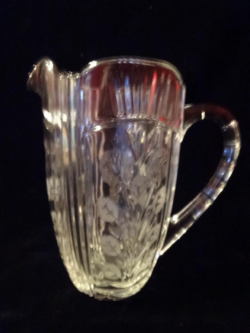 CRYSTAL PITCHER, ETCHED FLORAL DESIGN, APPROX 9" X 8" (1 of 4)