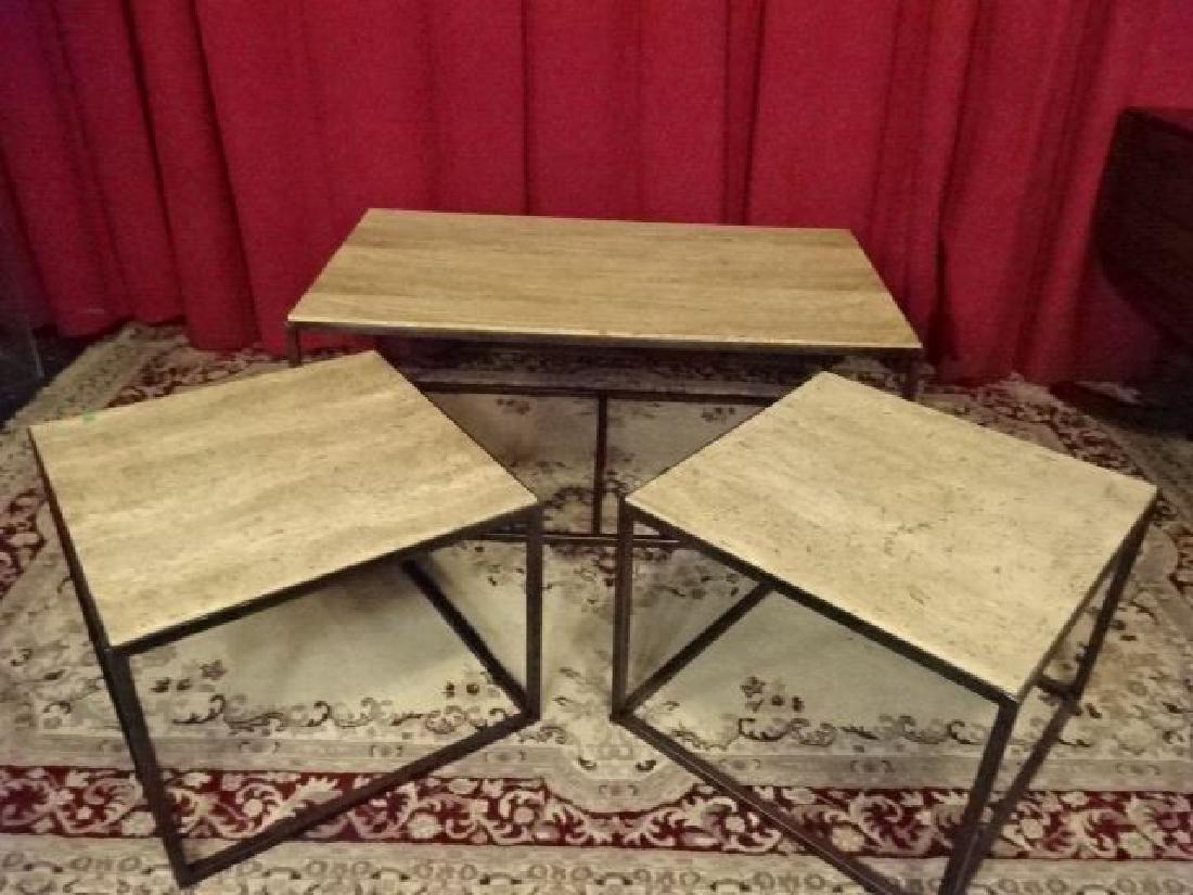 3 PC COFFEE AND PAIR END TABLES, TRAVERTINE STONE TOPS, (1 of 4)