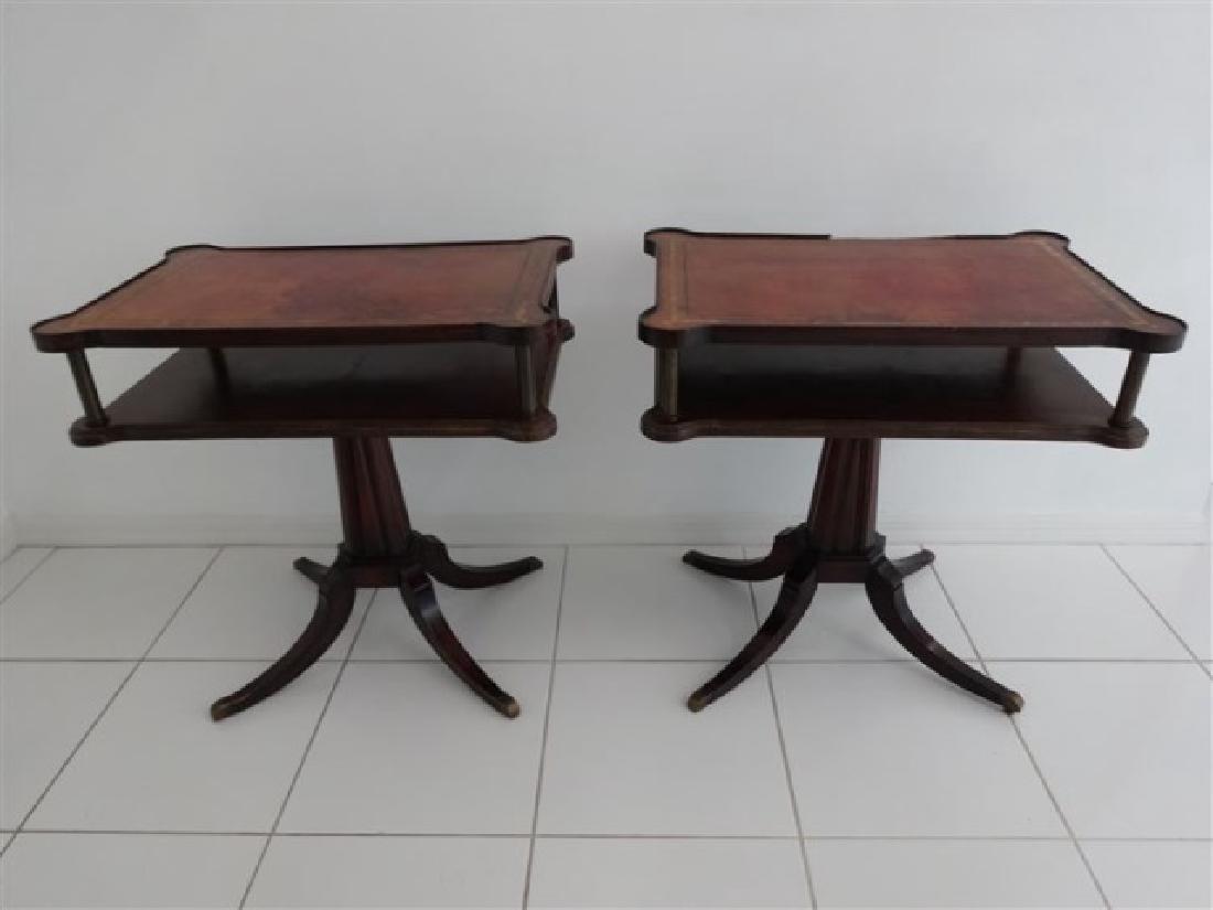 PAIR MAHOGANY PEDESTAL TABLES, GILT EMBOSSED LEATHER (1 of 7)