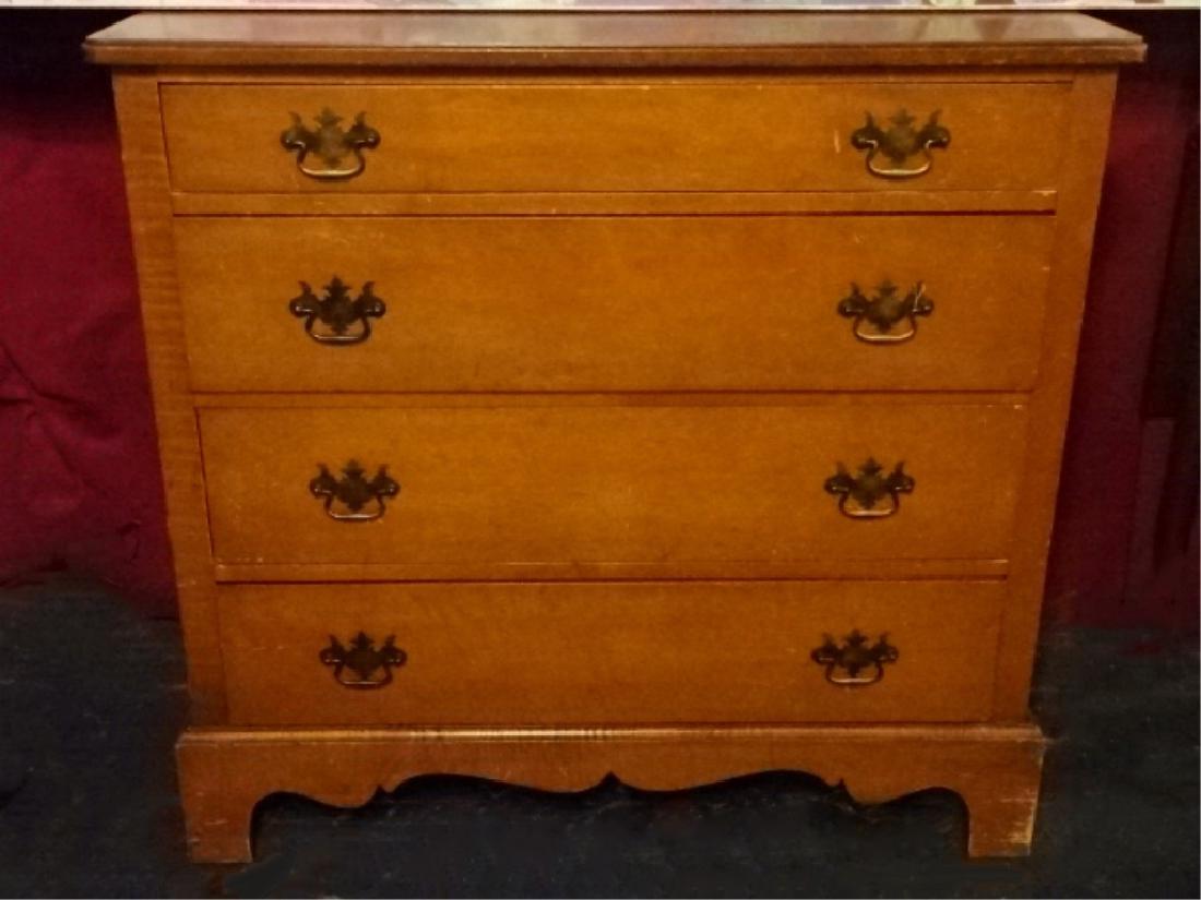 VINTAGE 4 DRAWER WOOD CHEST, BRASS PULLS, GOOD (1 of 2)