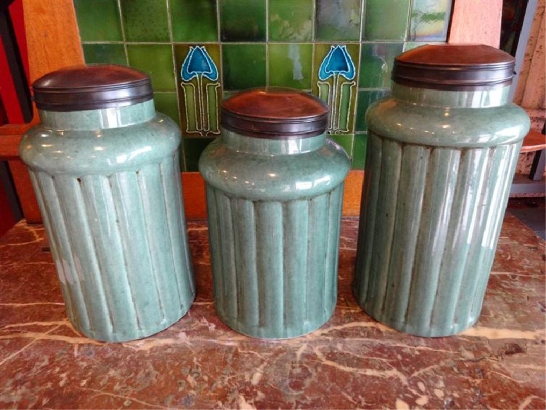 3 CERAMIC CANISTER JARS WITH LIDS, GREEN GLAZE, VERY (1 of 3)