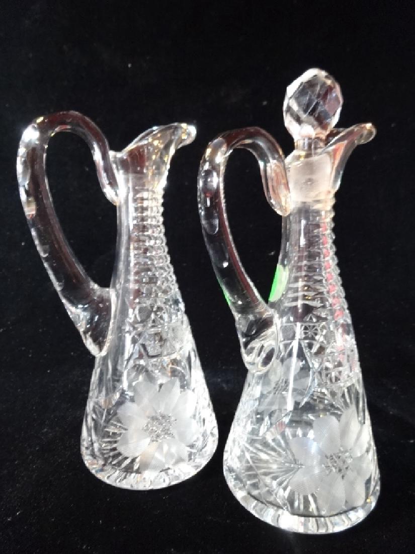 2 PC ETCHED CRYSTAL OIL & VINEGAR PITCHERS, ONE WITH (1 of 6)