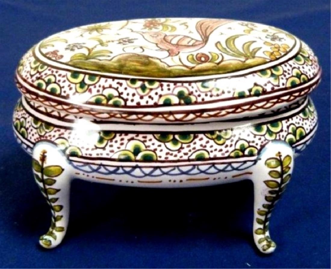 PORTUGUESE PORCELAIN OVAL HAND PAINTED BOX WITH LID, (1 of 3)